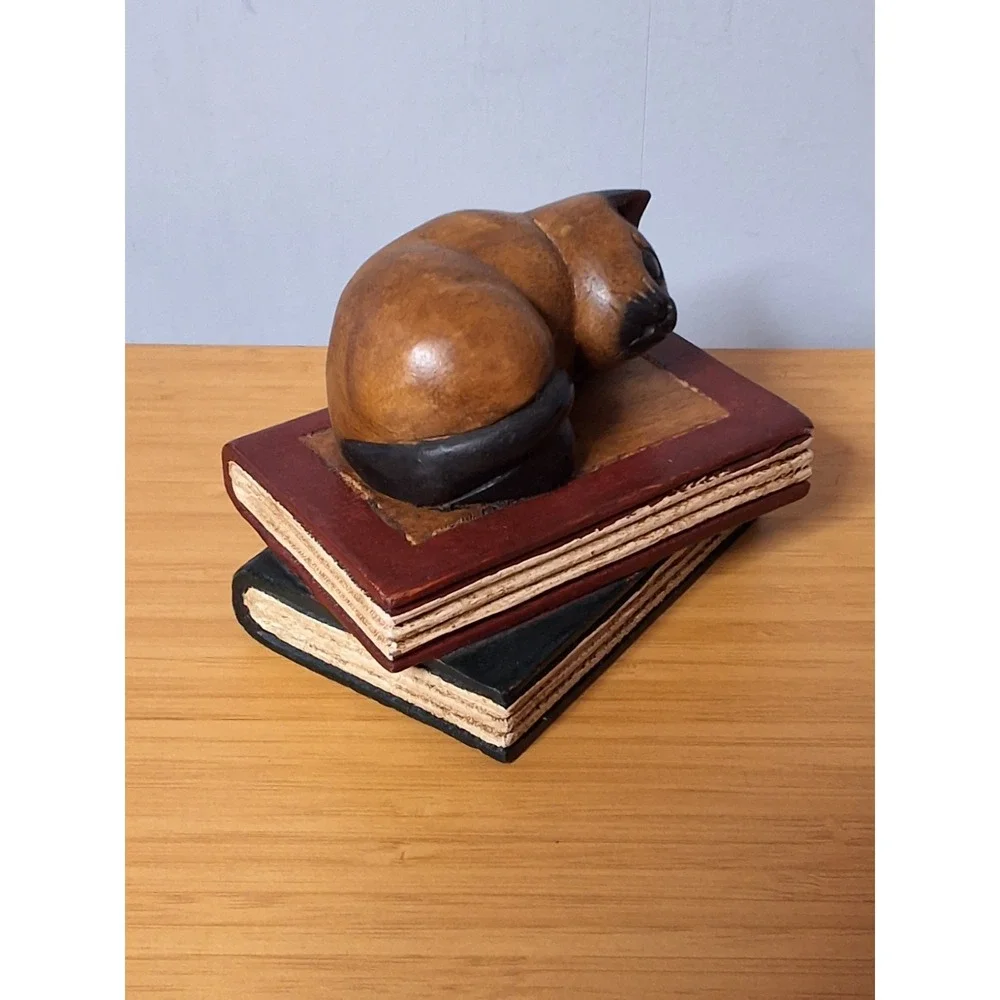 Vintage Handcrafted Wooden Cat Sleeping On Books Paper Weight. Made In Thailand